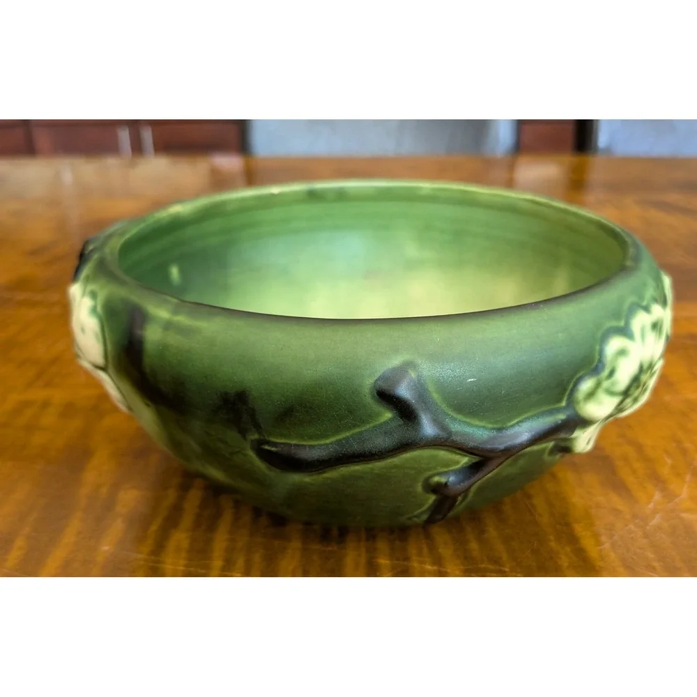 Roseville Pottery Dogwood Green Smooth 1920 Art Pottery Bowl - Picture 2 of 8